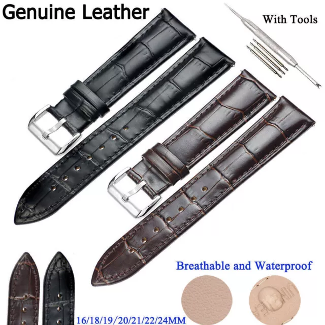Mens Genuine Leather Watch Strap Black Brown Wristwatch Belt Band 16-22mm