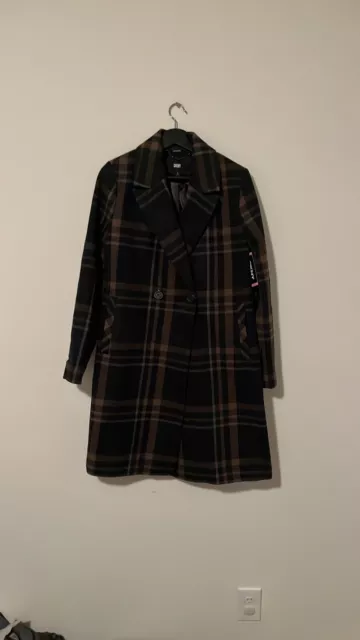 NWT DKNY Ladies Fashion Faux Wool Coat Black Plaid Neutrals Fully Lined Size S