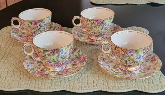 Royal Winton Grimwades Chintz CHEADLE Set of 4 Footed Teacups & Saucers