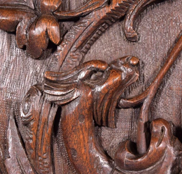 *French Antique Deeply Carved Oak Wood Panel with & Fish Hunting Salvage 10