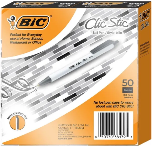 BIC Clic Stic Retractable Ball Pen, Medium Point 1.0mm, Black, 50 Count