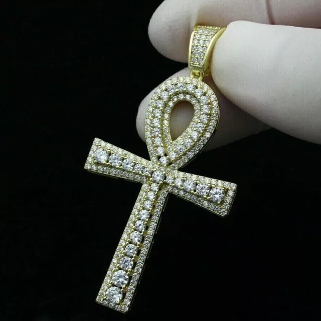 Herren 14K Gelb Vergoldet Rund Echt Moissanit Ankh Kreuz Anhänger 2CT