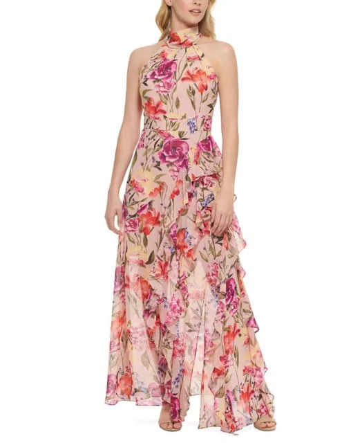 Eliza J Women's Floral Print Halter Maxi Dress Pink Size 10