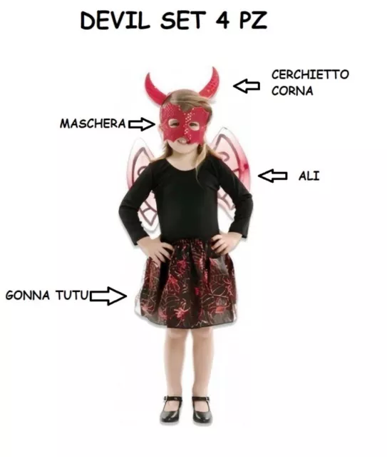 Carnevale Halloween Kit Diavolo Devil Set 4 Pezzi Corna Ali Gonna Maschera