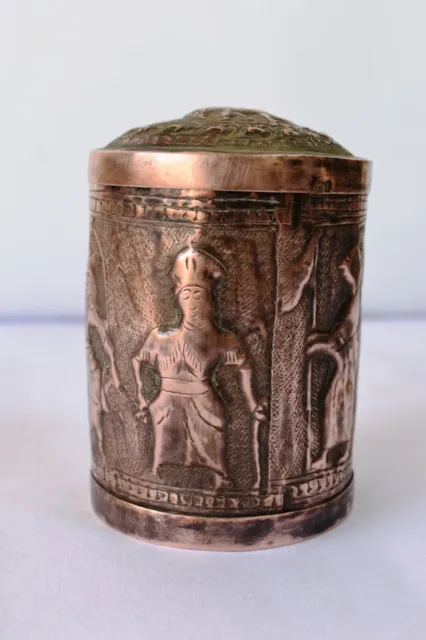 Antique Burmese Betel Box Canister Cylindrical Copper Embossed Figurine Elepha"F 2
