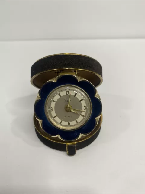 Vtg Sheffield Compact Travel Alarm Clock Embroidered Case Jeweled West Germany