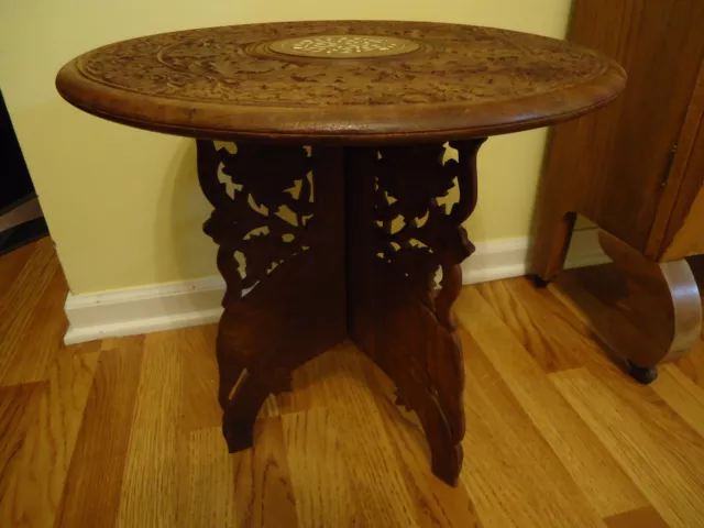 Vtg Handmade In India Wooden Collapsible Side  round TEA TABLE