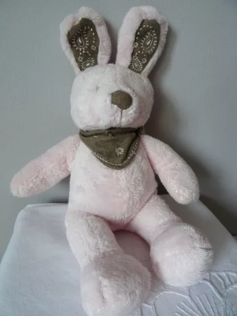 Doudou Lapin  Nicotoy 36 Cm Peluche Rose Pâle Bandana Et Oreilles Marron Taupe