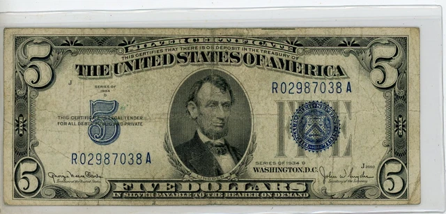 1934 D - 5 Dollar Blue Seal Silver Certificate United States Note - 2344