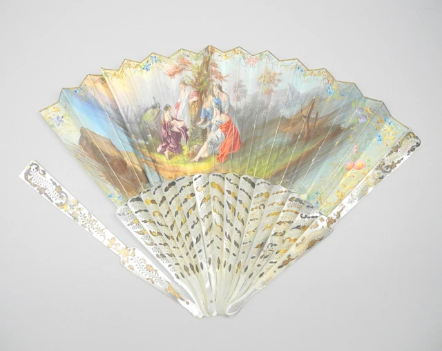 Faltfächer mit Perlmuttstäben, Perlmutt/Metall/Papier DE 19. Jh. HxB ca. 27x45cm