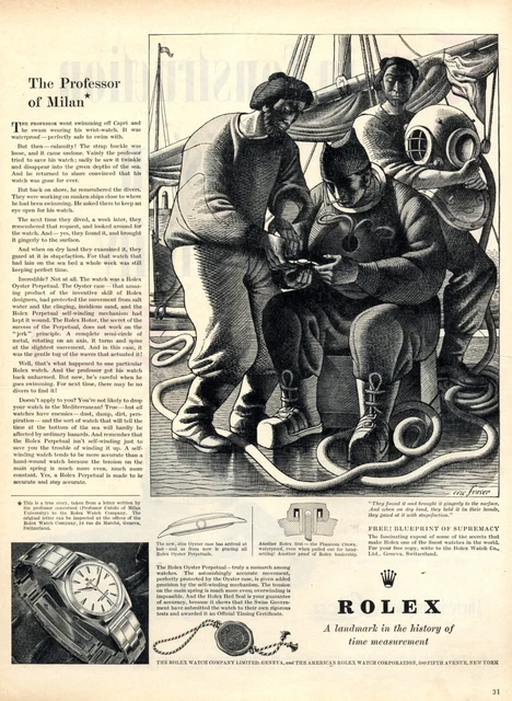 Rolex wristwatch XL 1953 English ad diver diving helmet GB watch advertising