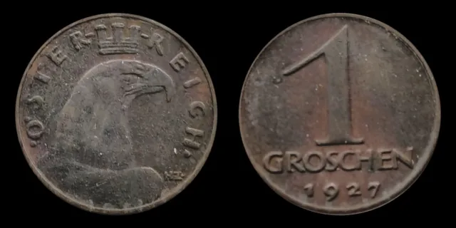1927 Austria 1 Groschen, Crowned eagle head facing right