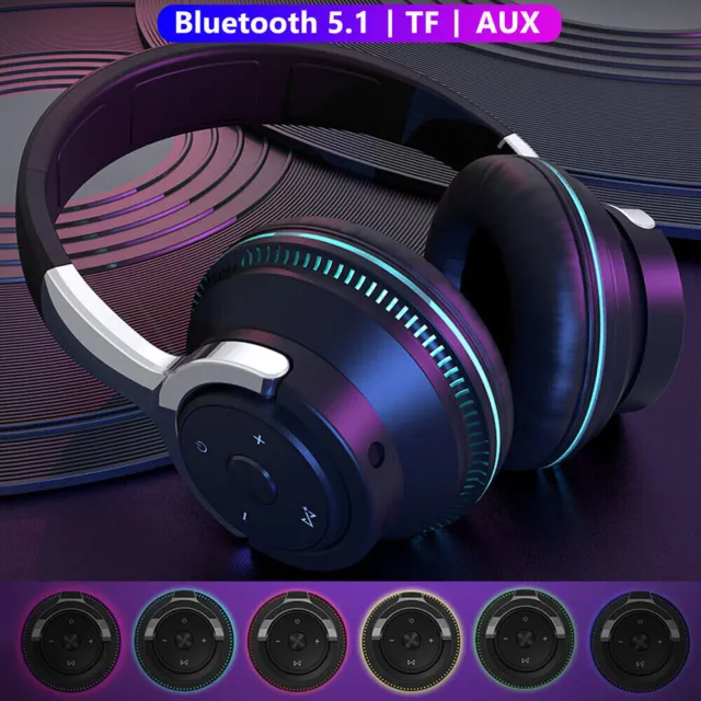 Bluetooth 5.1 Wireless Headphones Over Ear LED Headset Stereo Noise Cancelling