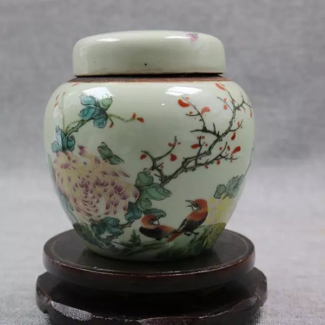Chinese Porcelain Qing Tongzhi Famille Rose Flowers Birds Tea Caddies 3.93 Inch