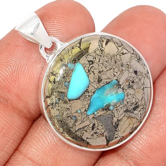 Composite Turquoise With Pyrite 925 Sterling Silver Pendant Jewelry BP191710