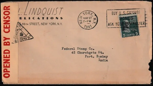 1941 USA New York censored cover to India