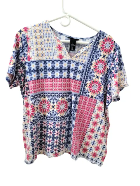 ALFRED DUNNER T-SHIRT Top Blue Pink Floral Print Pullover V-Neck Womens ...