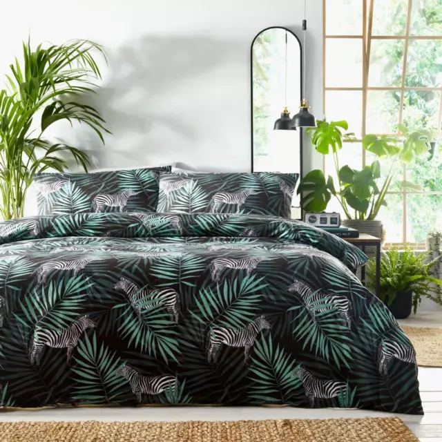 Duvet Set Zebra Jungle Palm Leaf Print Tropical Bedding Quilt Cover Black Green