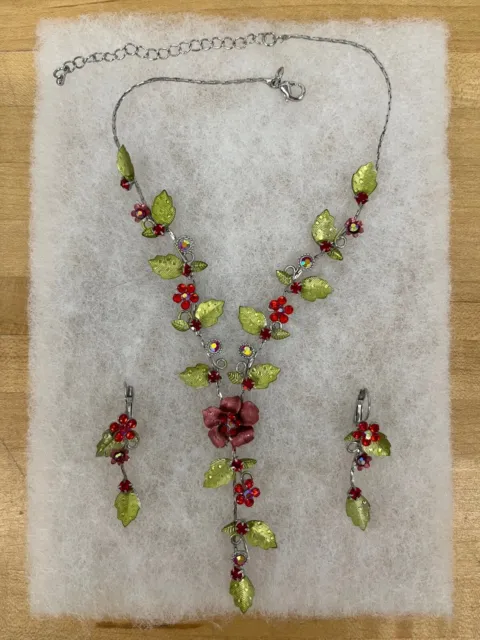 Red Flower Swarovski Crystal Floral Necklace & Earrings Set