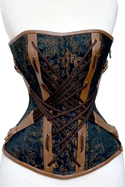 New Brown Brocade Brown Real Leather Steel Bones Lace up Back Full Bust Corset