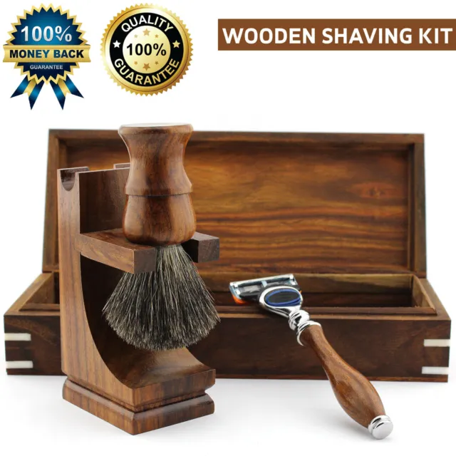 Customized Wooden Mens Shaving Kit Badger Brush, 3 Edge Razor Beard Grooming Kit