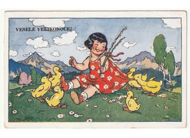 1943 Mfk Fischerova Kvechova Petite Fille Poussins Pelouse Carte Postale Pâques