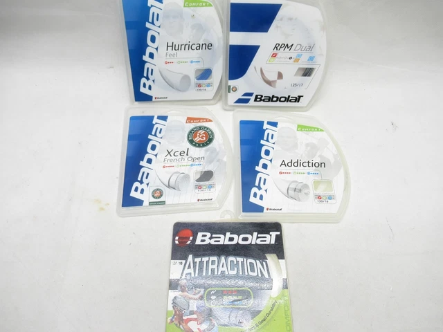 Lot Of 5 Babolat Tennis String Sets. Xcel, Addiction, Rpm Dual, Hurricane Feel