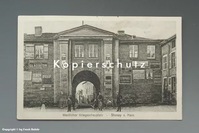 AK Fassade zugepflastert mit REKLAMESCHILDERN in Stenay um 1915