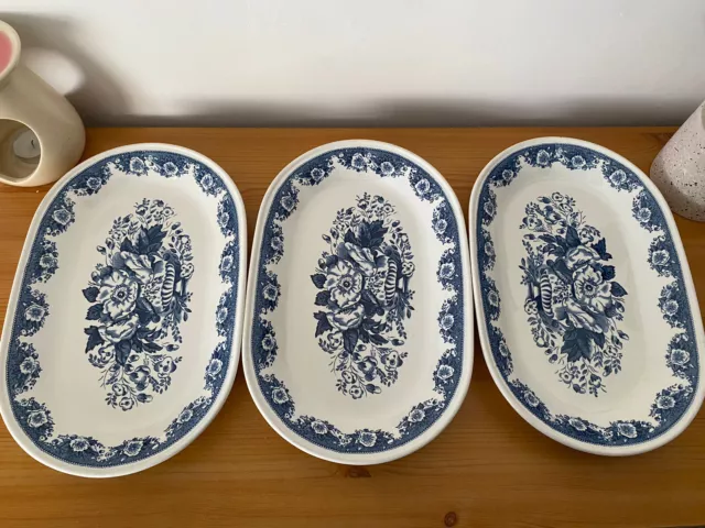 Villeroy & Boch Balmoral Oval Serving Plates Blue & White Floral Design X3