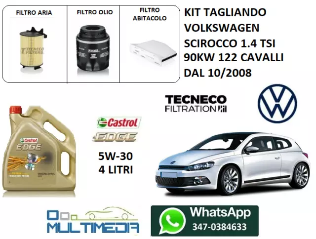 Kit Tagliando Filtri Olio Castrol 5W30 Volkswagen Scirocco 1.4 Tsi Benzina 122Cv