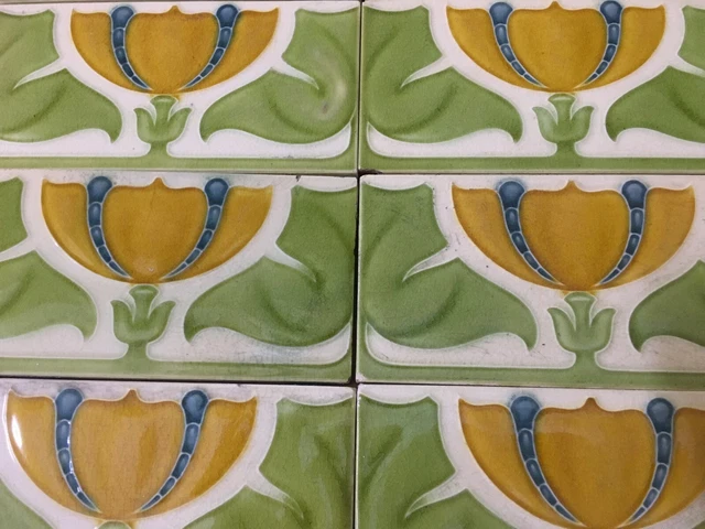 Antique rare art vintage England nouveau border collectible tile majolica c1900 2