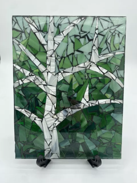 Cracked Broken Stained Glass Mosaic Wall Window Emerald Forest Green Tree 8 x 11