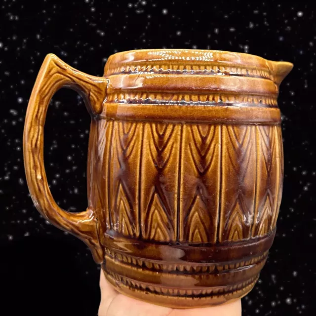 Vintage Art Pottery Brown Glaze Barrel Motif Pitcher Carafe 1960s Vessel 7”T 6”W 2