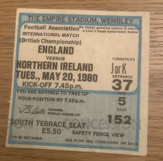 TICKET: ENGLAND v Northern Ireland (Home International) 1980 - Wembley Stadium