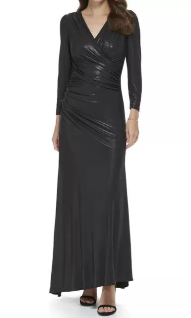 NWT DKNY Women's Black Side Ruched Glazed Jersey V-Neck Dress Size 14