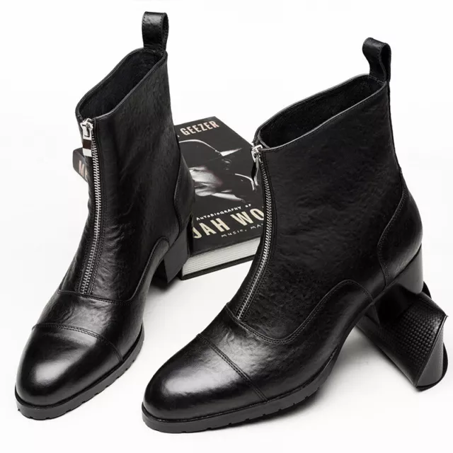 FALL WINTER FRONT Zipper Ankle Boots Mens Real Leather Pointed Toe ...