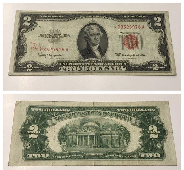 Vintage Star 1953-C $2 United States Note Red Seal Jefferson Two Dollar Bill Usn