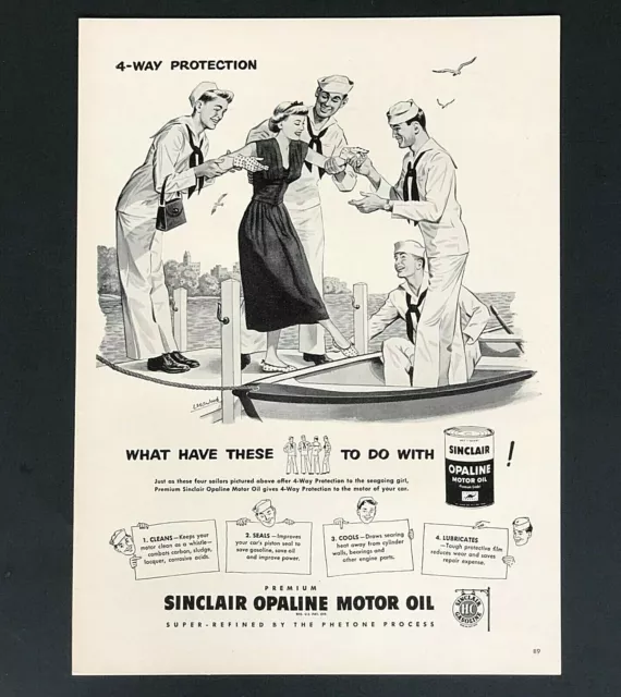 1949 Sinclair Motor Oil Advertisement Sailors Helping Girl on Boat Vtg Print AD