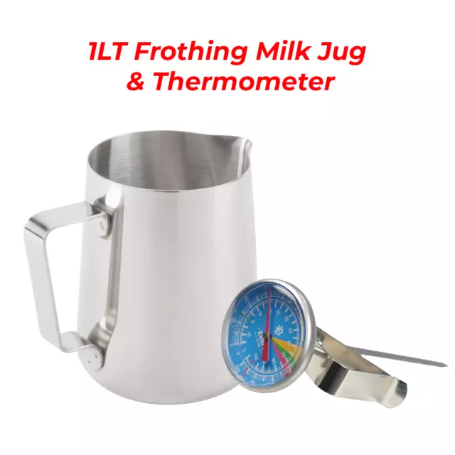 NEW 1 LITRE MILK JUG & FROTHING THERMOMETER SET Espresso Coffee Stainless Steel