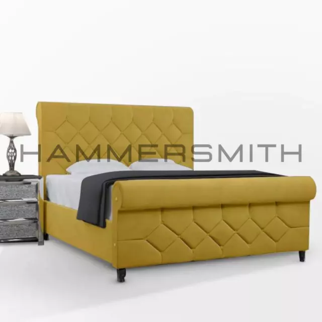New Style Plush Velvet Upholstered Chesterfield Sleigh Scroll Luxury bed Frame