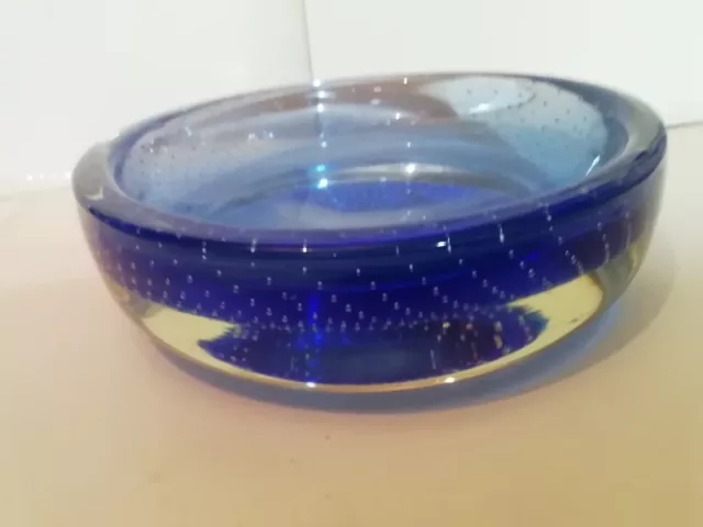 Vintage Whitefriars Glass Control Bubble Dish / Bowl  Sapphire Blue 6 Inch Diam