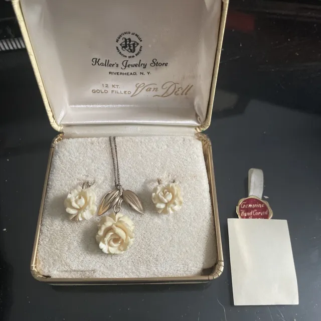 Vintage 12k Gold Filled Van Dell Genuine Carved Rose Necklace And Earring Set