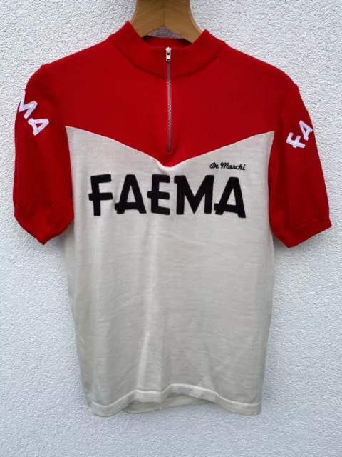 Faema De Marchi Mens Long Sleeve 100% Wool Cycling Jersey red cream 1970 Small