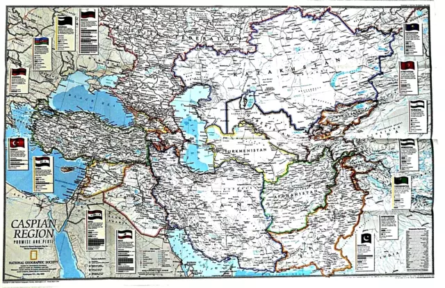 ⫸ 1999-5 May CASPIAN SEA Region Iran Iraq Turkey, National Geographic Map - A3 2