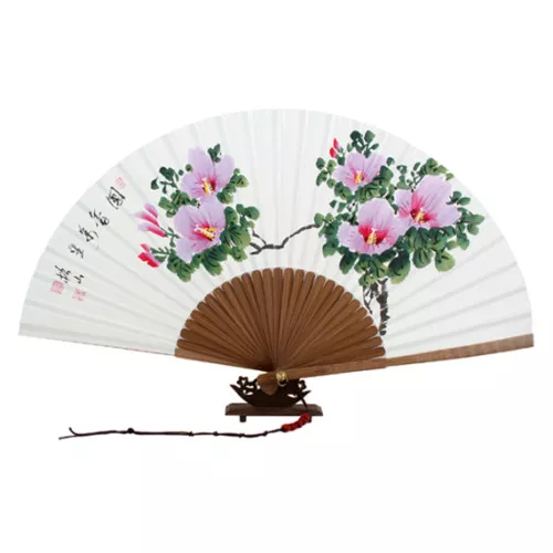 Hand Painted Oriental Asian Pink Flower Folding Mulberry Paper Bamboo Art Fan