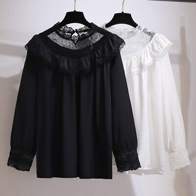 Women Chiffon Blouse Top Lace Trim Pullover Shirt Gothic Frill Casual Loose Chic