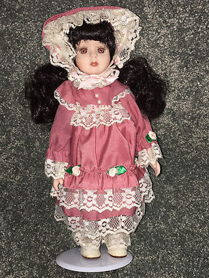 VICTORIAN PORCELAIN DOLL 11" Pink Dress W/ Roses & Lace BRUNETTE Bonnet VINTAGE