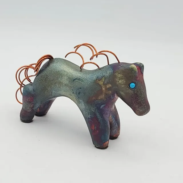 Raku Spirit Horse Turquoise Eyes Copper Mane And Tail Signed By Artist J. Diller