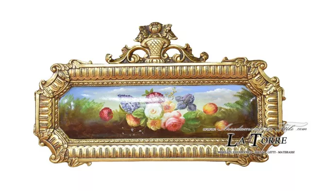 Quadro barocco antico dipinto olio medaglione orizzontale oro fiori 52x95 D22