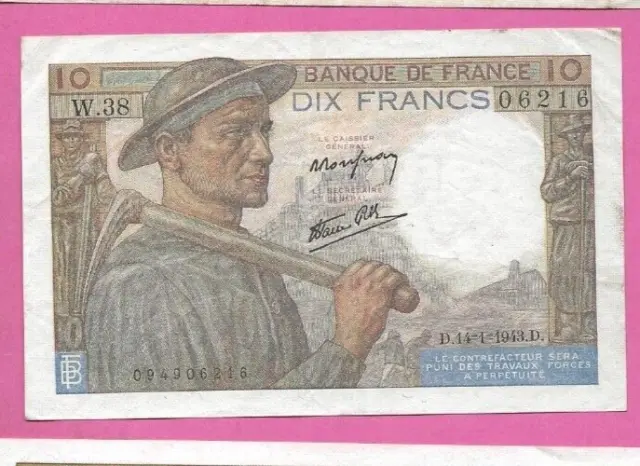 Billet 10 francs MINEUR du 14-1-1943 (Alphabet W.38)